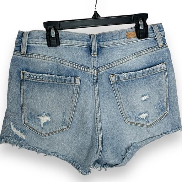 Blank NYC High Rise Jean Shorts Size 26 Blue Denim Button Fly Distressed Raw Hem - Picture 5 of 6